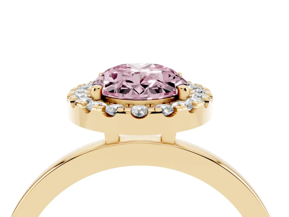Fancy Pink Oval Cut Halo Diamond Solitaire with Pavé Band and Four-Prong Setting Yellow gold