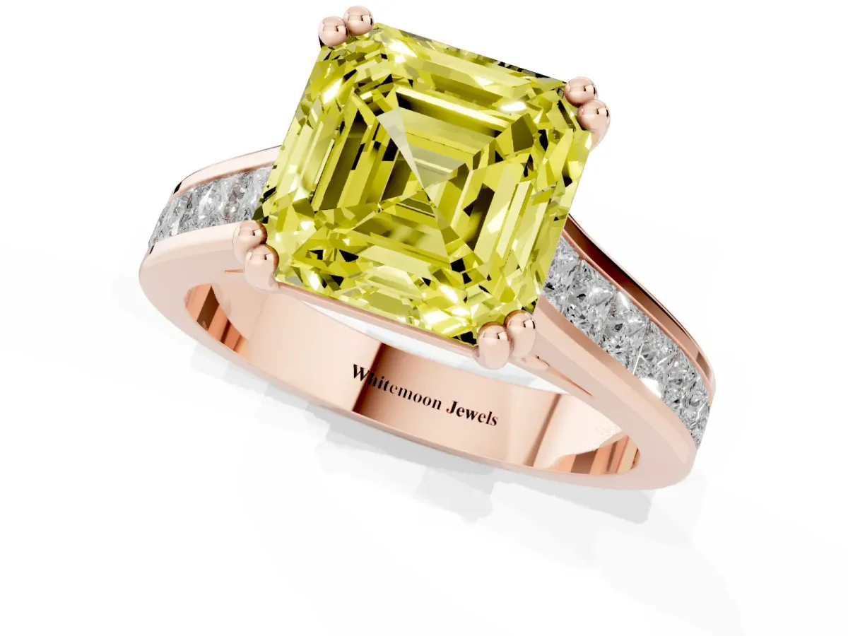 Fancy Yellow Asscher Cut Cut Channel Set Solitaire Engagement Ring with Prong Setting Rose gold
