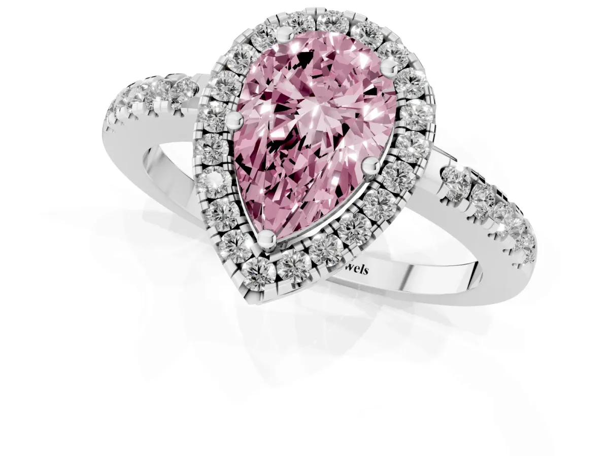 Fancy Pink Pear Cut Halo Diamond Engagement Ring with Pavé Band and Four-Prong Setting Silver