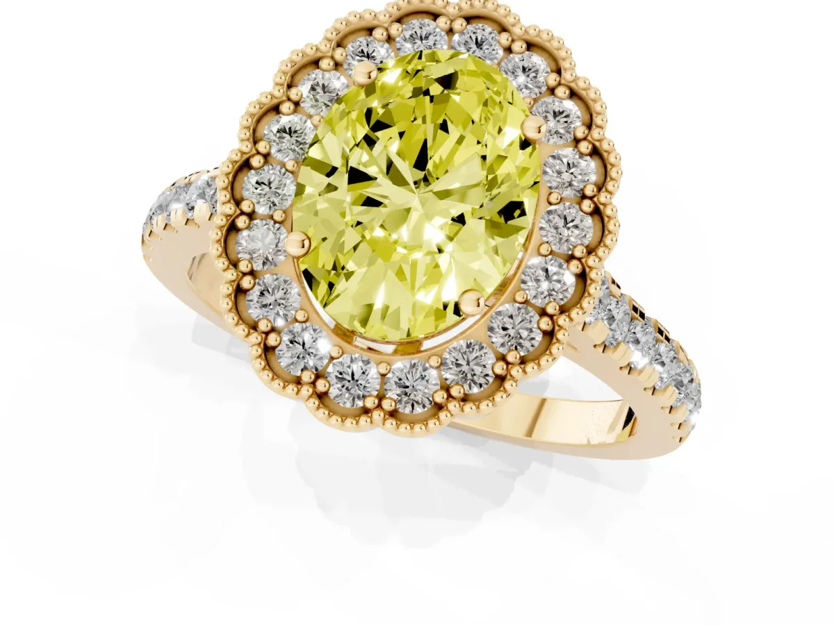 Fancy Yellow Oval Cut Cut Diamond Milgrain Floral Halo Engagement Ring with Pavé Band Yellow gold