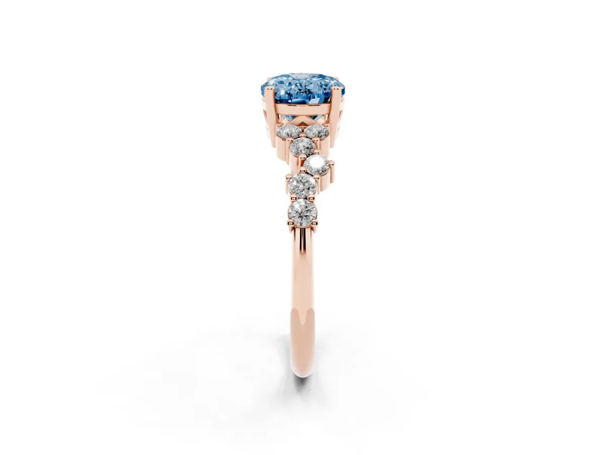 Fancy Blue Oval Cut Diamond Scattered Round Accent Ring with Prong Setting Rose gold