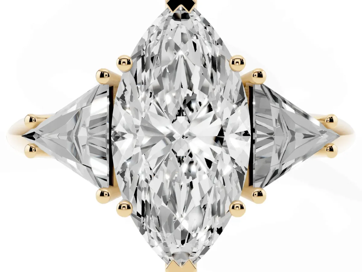Three-Stone Marquise Cut Diamond Engagement Ring with Trillion Side Stones and Prong Setting Yellow gold