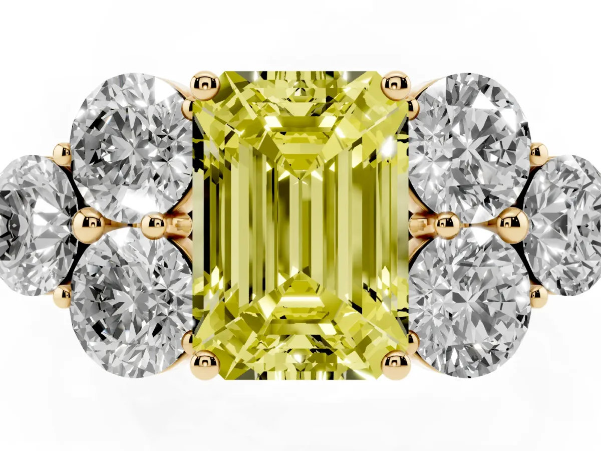 Fancy Yellow Emerald Cut Cut Diamond Cluster Ring with Round Accent Stones and Prong Setting on a Classic Band Yellow gold