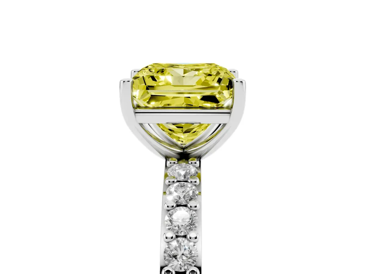 Fancy Yellow Princess Cut Cut Diamond Solitaire with Pave Band and Four-Prong Setting Silver