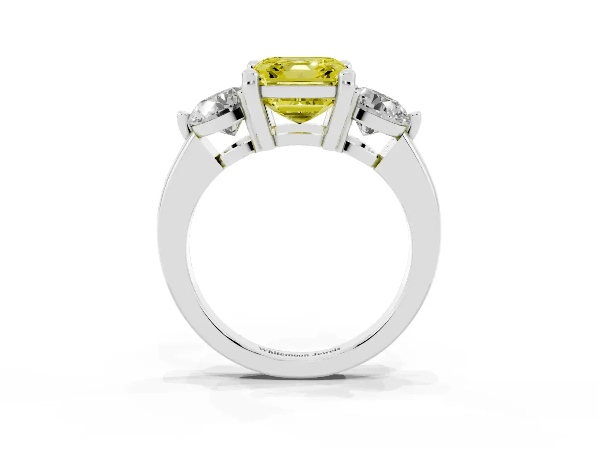 Fancy Yellow Three-Stone Asscher Cut Brilliant Cut Solitaire Ring with Prong Setting on a Classic Band White gold