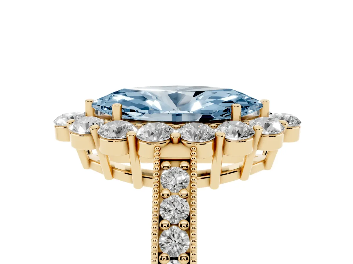 Fancy Blue Marquise Cut Cut Halo Diamond Pavé Engagement Ring with Milgrain Detailing Yellow gold