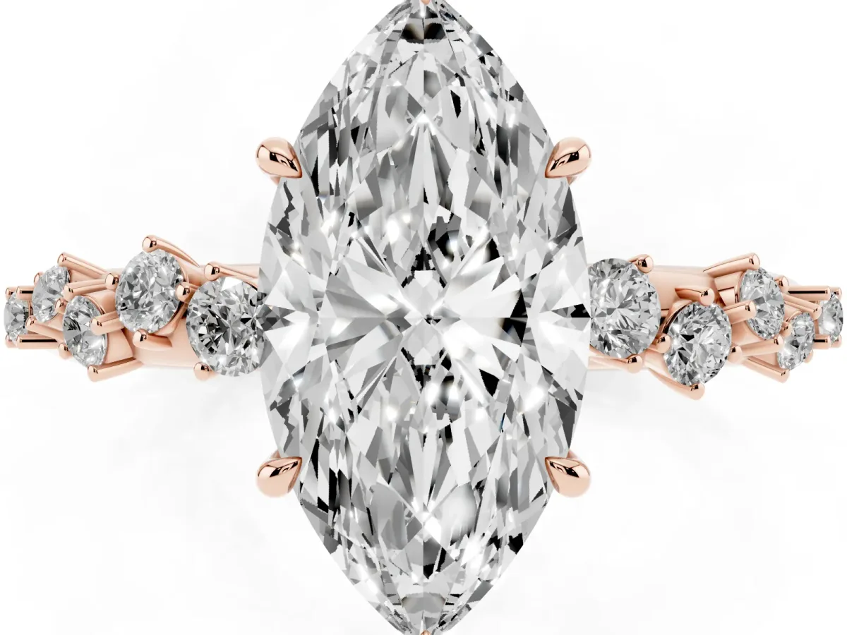 Marquise Cut Diamond Cluster Side Stone Solitaire Ring with Prong Setting Rose gold