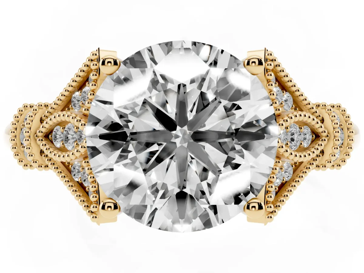 Round Cut Diamond Solitaire Ring with Floral Filigree and Pave Accents Yellow gold