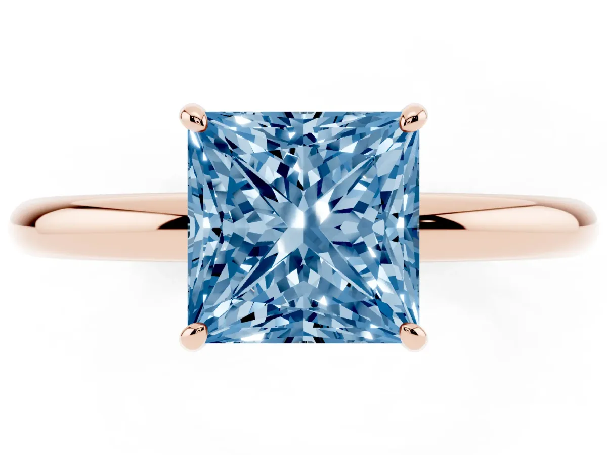 Fancy Blue Princess Cut Solitaire Diamond Ring with Four-Prong Setting on a Plain Band Rose gold