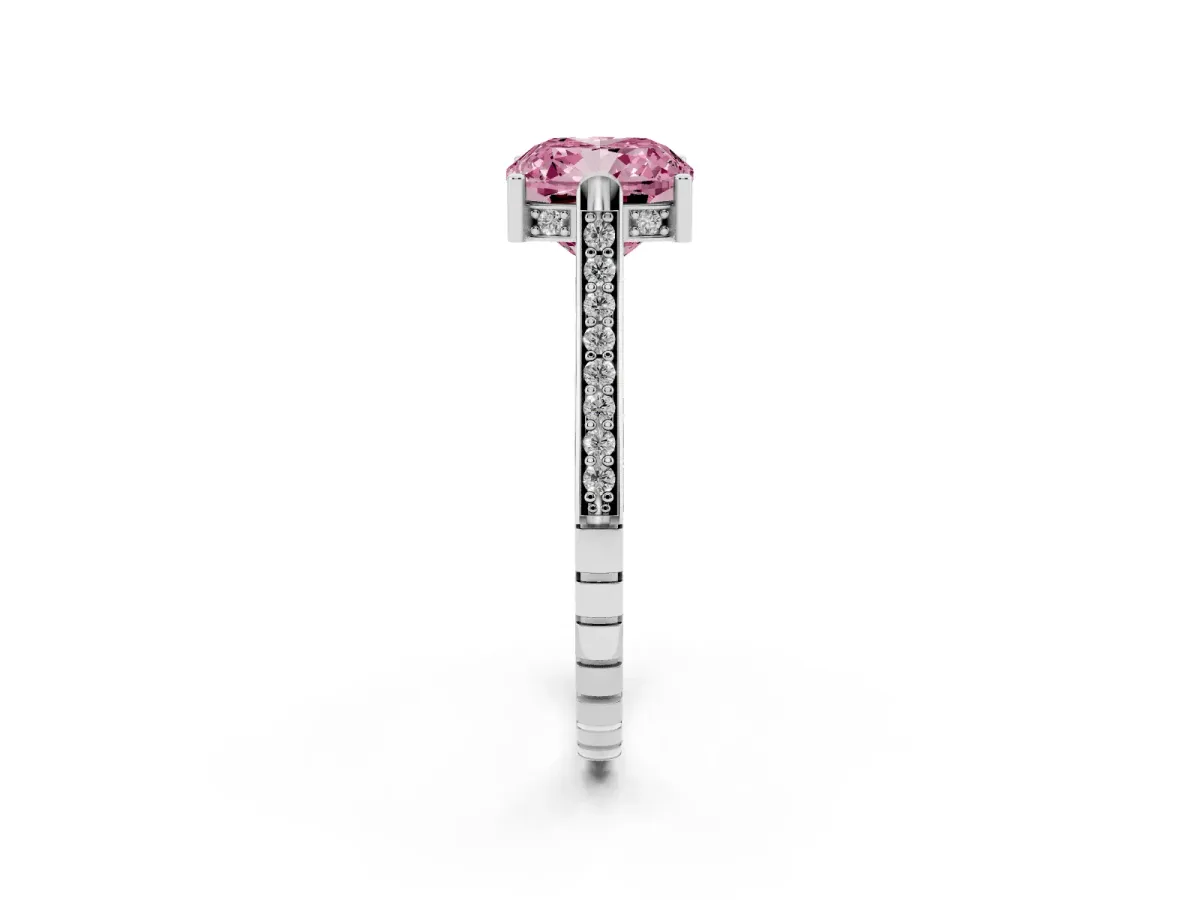 Fancy Pink Cushion Cut Solitaire Diamond Ring with Channel Set Band and Bezel Prong Setting Platinum
