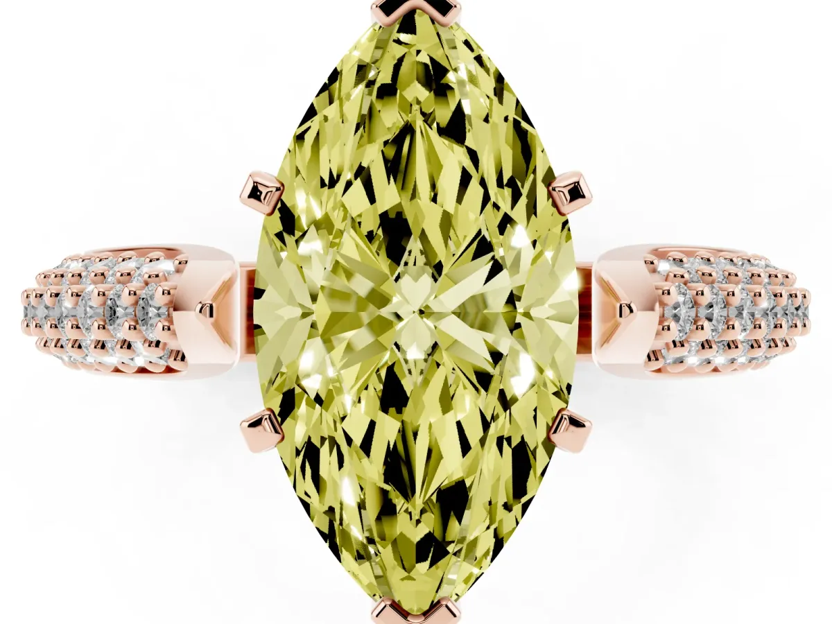 Fancy Yellow Marquise Cut Diamond Solitaire Engagement Ring with Multi-Row Round Pavé Band and Prong Setting Rose gold