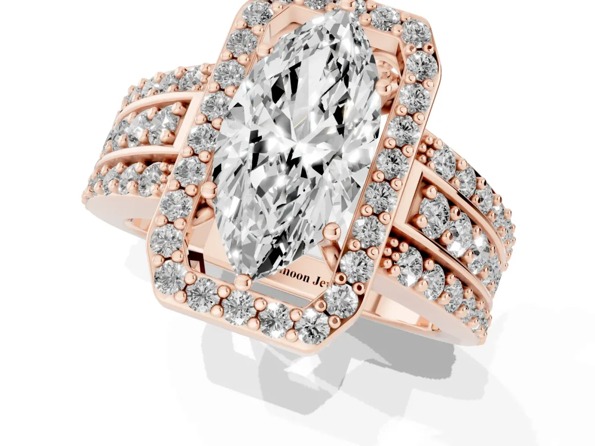 Marquise Cut Halo Diamond Ring with Round Split Shank and Prong Setting Rose gold