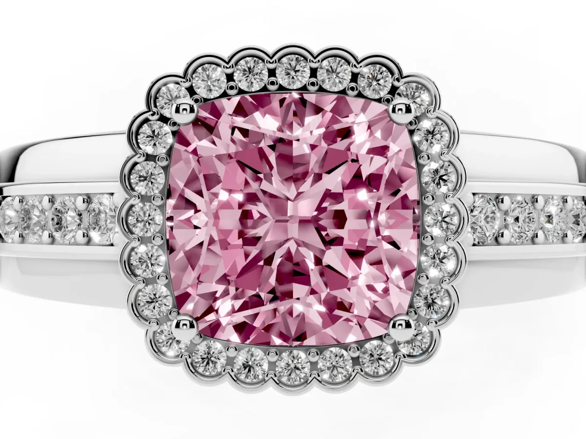 Fancy Pink Cushion Cut Cut Halo Pave Band Four-Prong Ring Silver