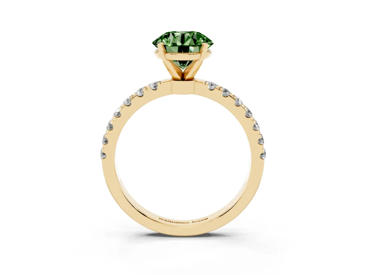 Fancy Green Round Cut Diamond Solitaire Ring with Pavé Accents and Four-Prong Setting Yellow gold