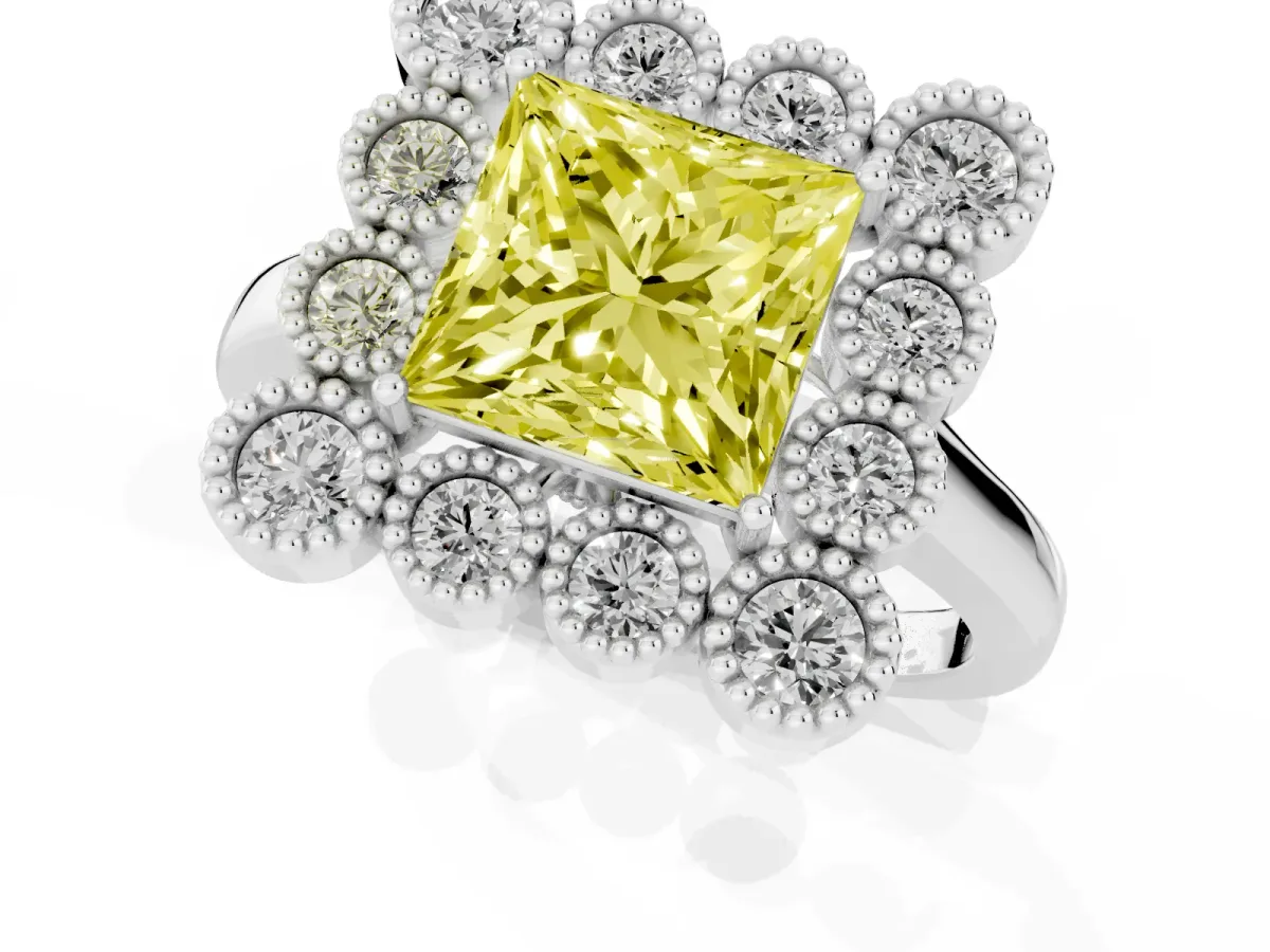Fancy Yellow Princess Cut Halo Diamond Cluster Engagement Ring with Milgrain Bezel Setting and Solitaire Band Silver