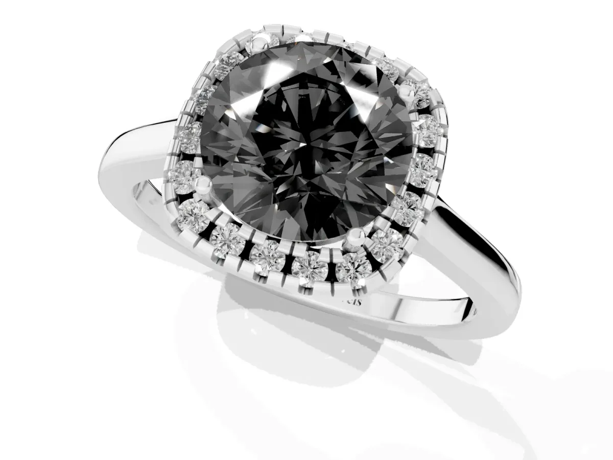 Fancy Black Round Cut Halo Round Diamond Solitaire Ring with Pavé Band and Four-Prong Setting Platinum