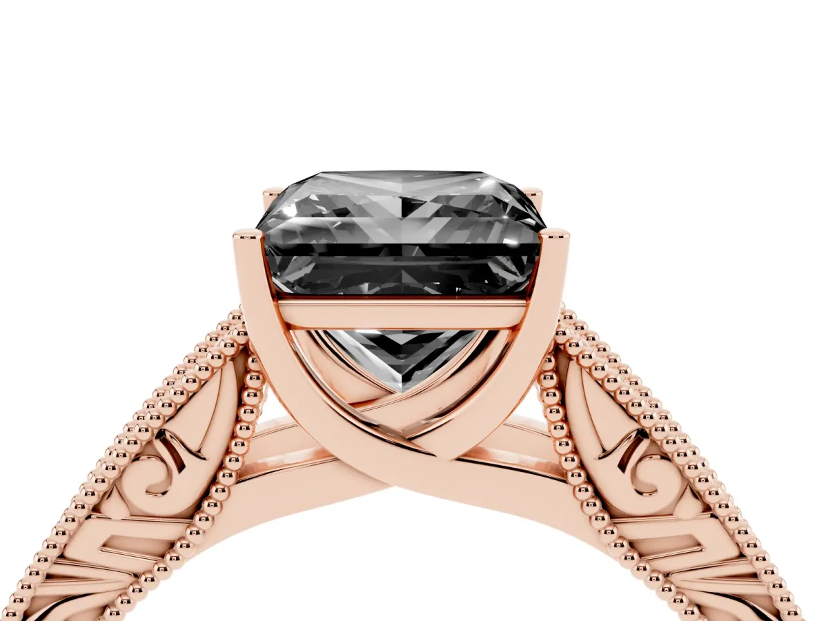 Fancy Black Princess Cut Diamond Solitaire Ring with Engraved Band and Four-Prong Setting Rose gold