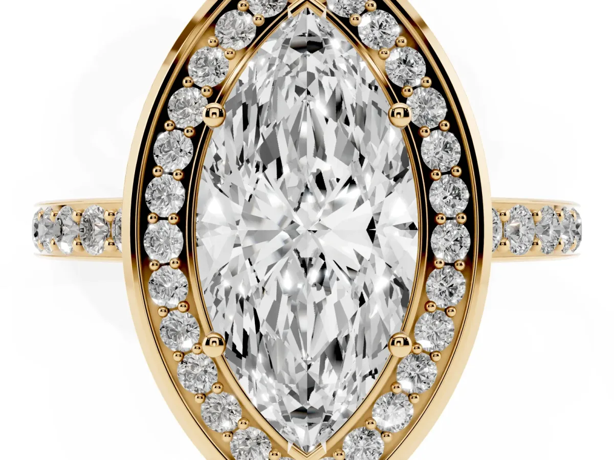 Marquise Cut Diamond Halo Ring with Bezel Frame and Pavé Band Yellow gold
