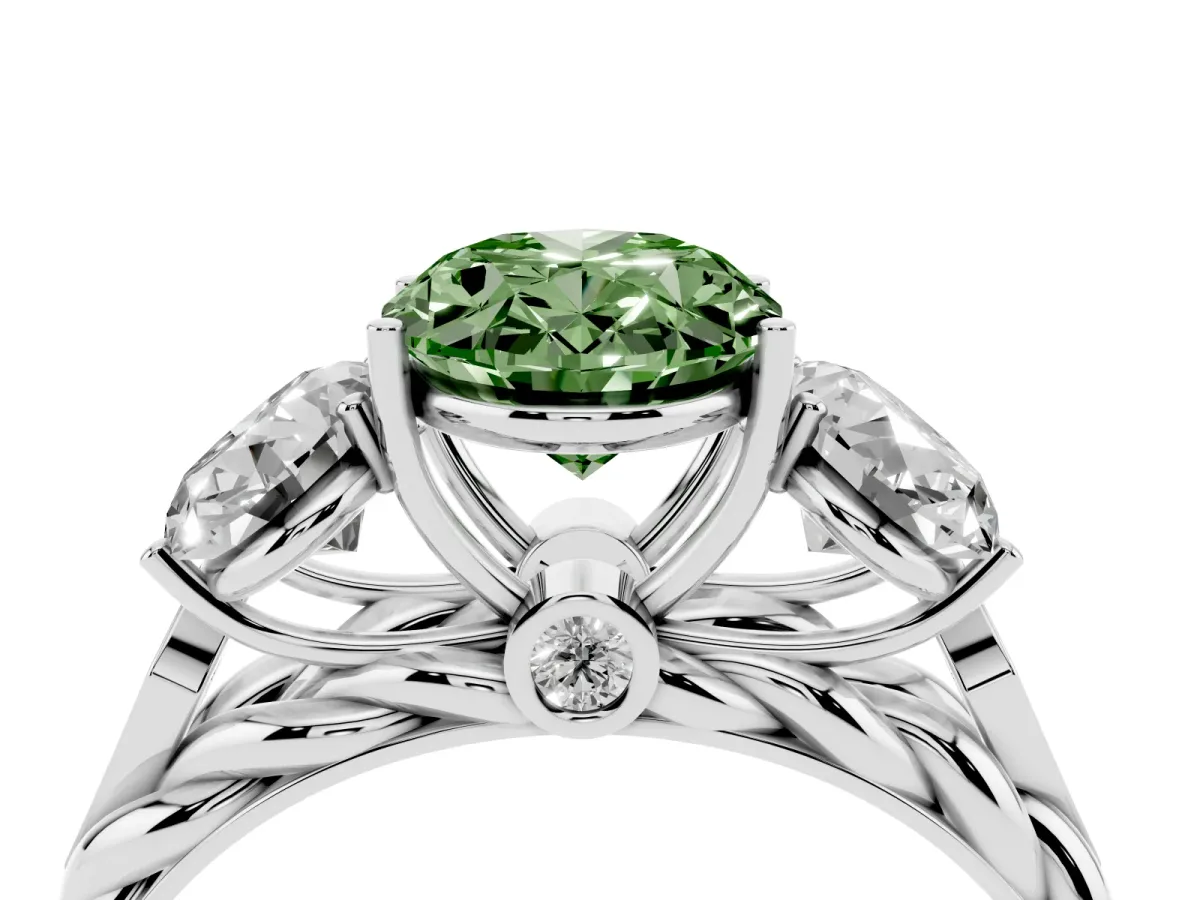 Fancy Green Three-Stone Oval Cut Diamond Braided Band Ring with Four-Prong Setting Silver