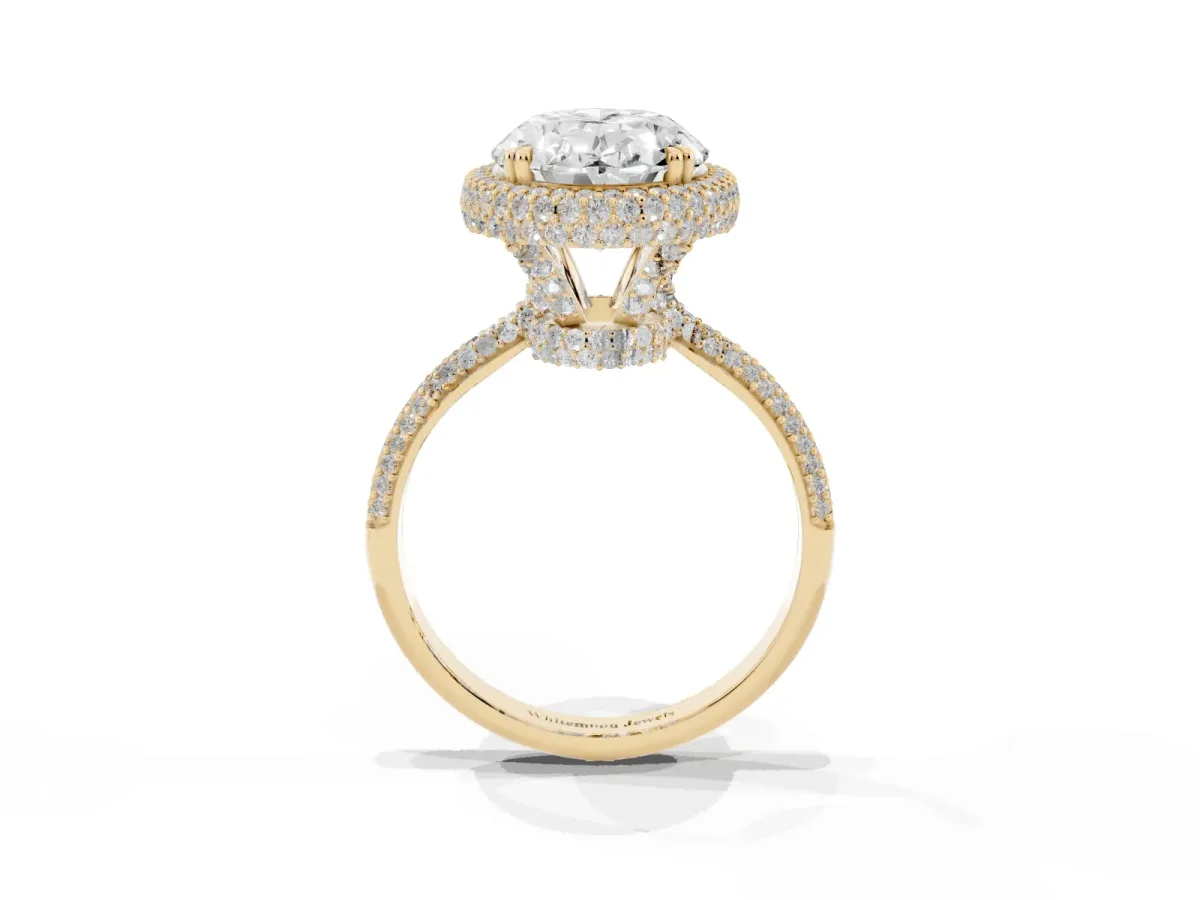 Oval Diamond Halo Ring with Round Diamond Accents Yellow gold