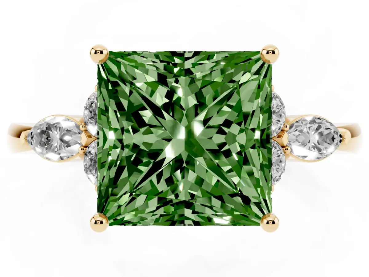 Fancy Green Princess Cut Brilliant Diamond Solitaire Ring with Pear Side Stones and Four-Prong Setting Yellow gold
