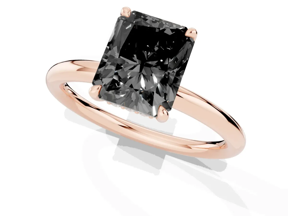 Fancy Black Radiant Cut Diamond Solitaire Ring with Thin Band and Four-Prong Setting Rose gold