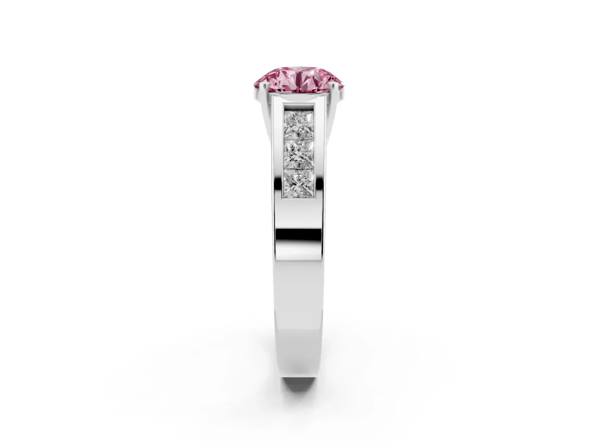 Fancy Pink Round Cut Cut Channel Set Solitaire Ring with Four-Prong Setting Platinum