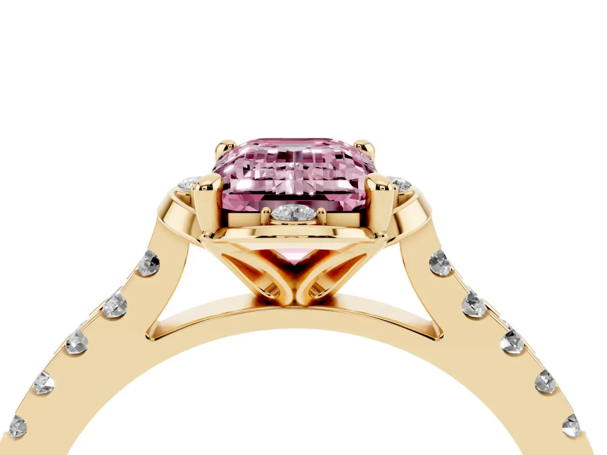 Fancy Pink Emerald Cut Diamond Ring with Pavé Band and Floral Prong Setting Yellow gold
