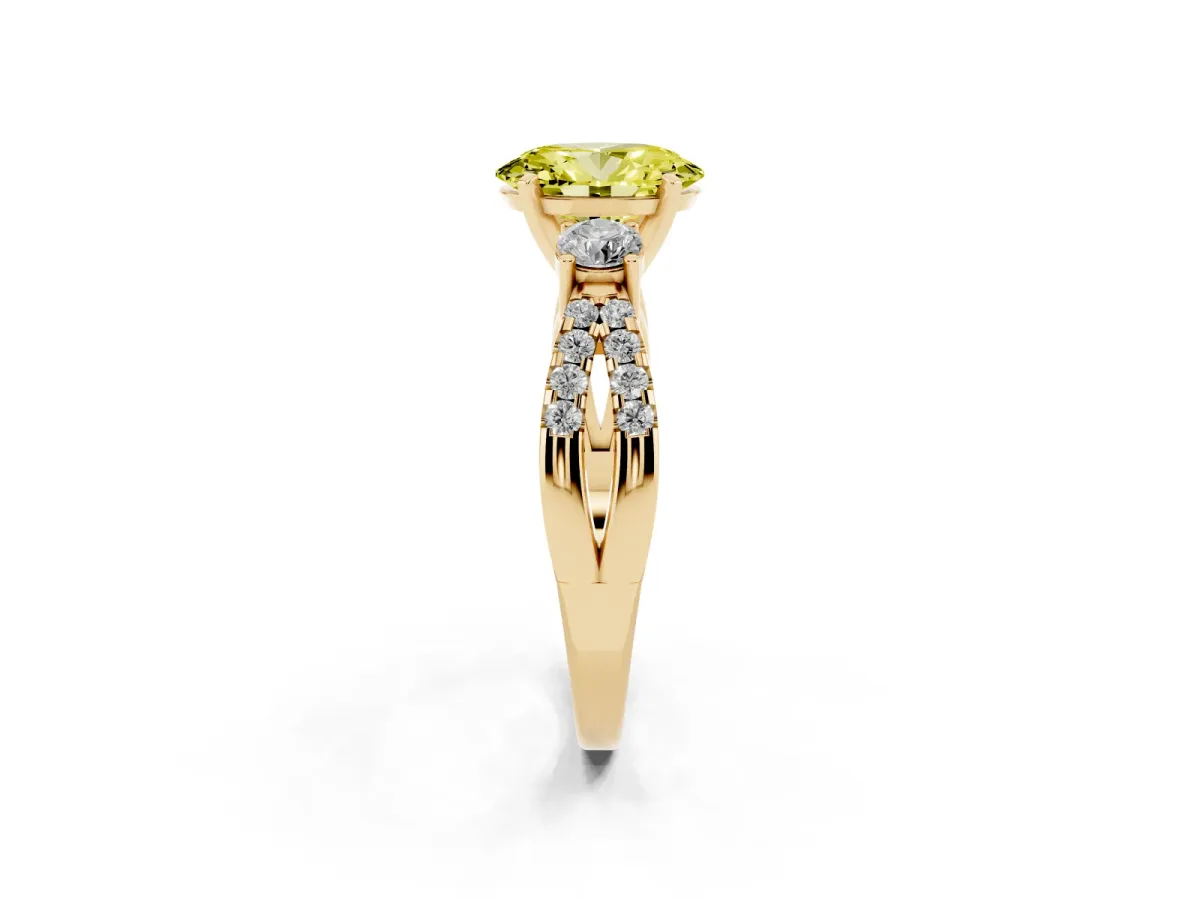 Fancy Yellow Oval Cut Diamond Three-Stone Ring with Pavé Split Shank and Four-Prong Setting Yellow gold