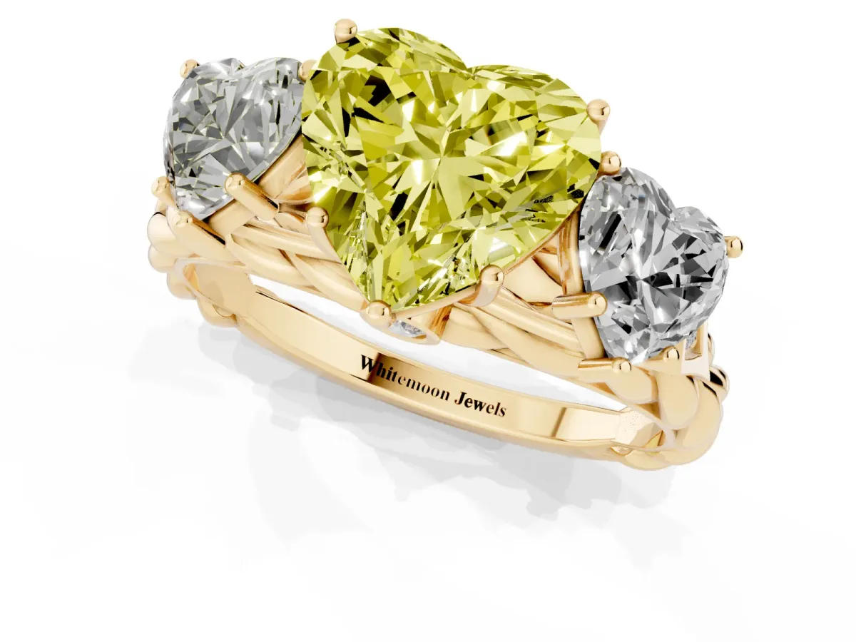 Fancy Yellow Three-Stone Heart Cut Diamond Braided Band Ring with Four-Prong Setting Yellow gold