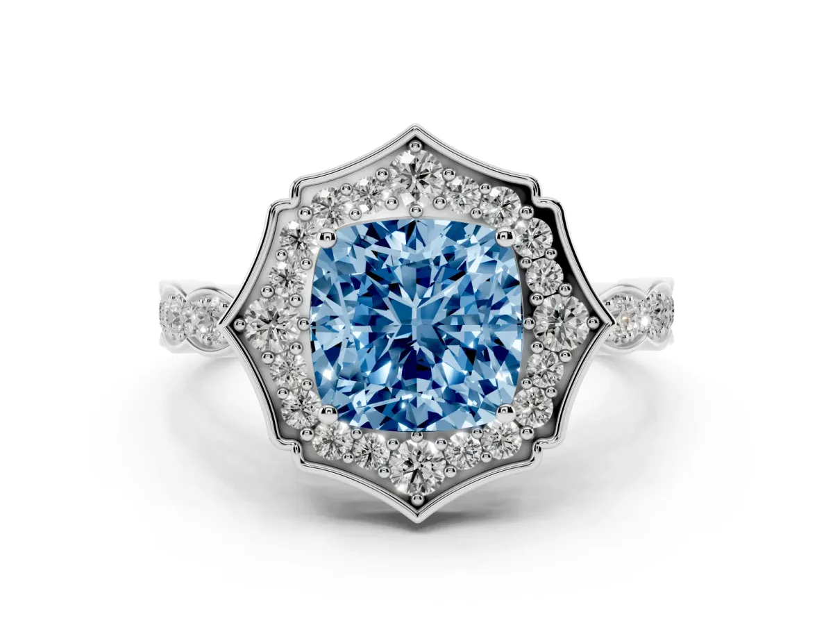 Fancy Blue Cushion Cut Halo Diamond Engagement Ring with Milgrain Band and Four-Prong Setting Platinum