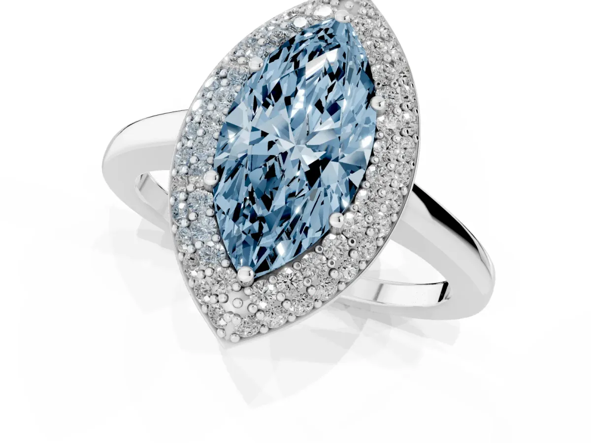 Fancy Blue Marquise Cut Halo Diamond Engagement Ring with Solitaire Band and Four-Prong Setting Silver