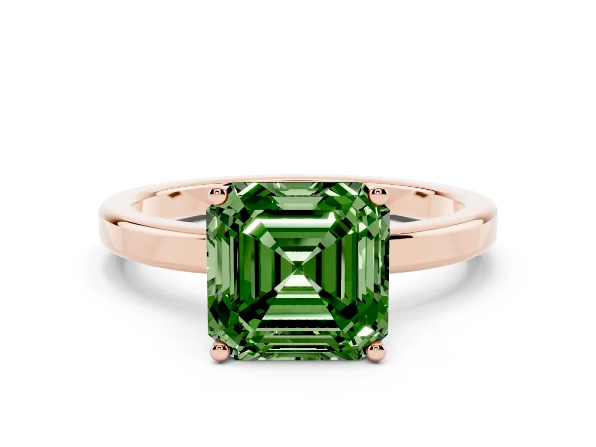 Fancy Green Asscher Cut Cut Solitaire Engagement Ring with Four-Prong Setting on a Classic Band Rose gold