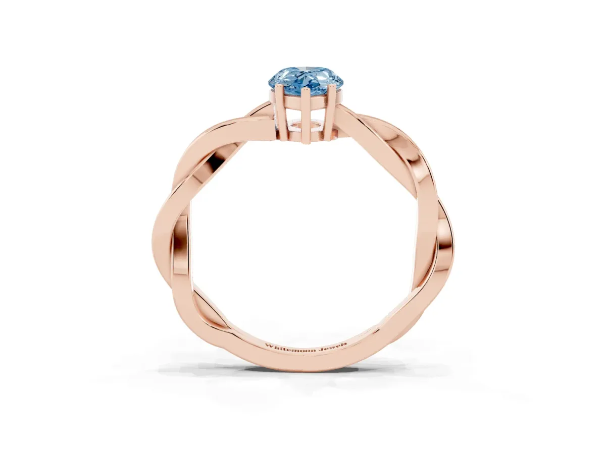 Fancy Blue Pear Cut Solitaire Twisted Pave Diamond Ring with Four-Prong Setting Rose gold