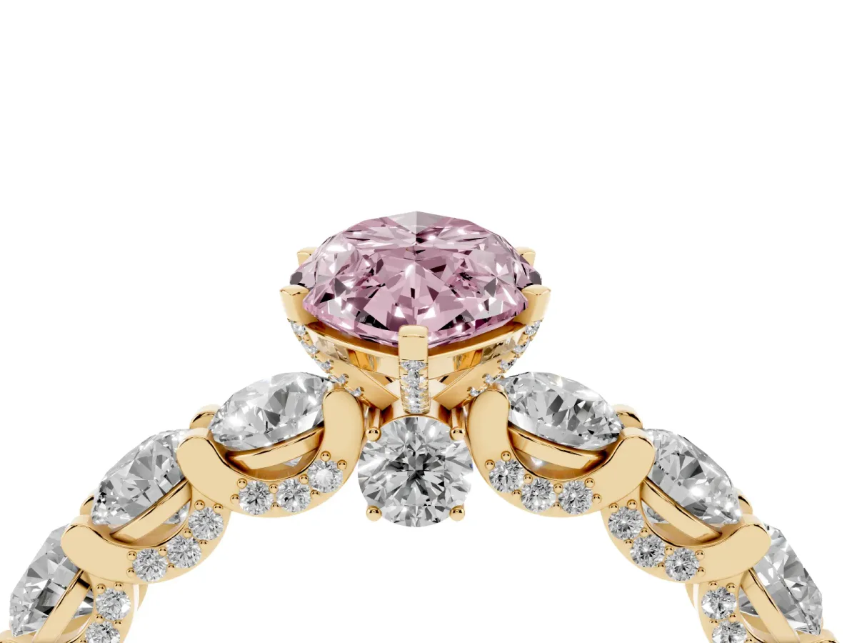 Fancy Pink Marquise Cut Diamond Side Stone Engagement Ring with Four-Prong Setting Yellow gold