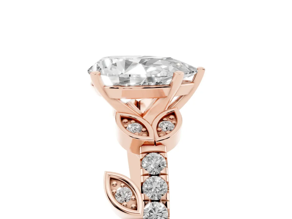 Pear Cut Solitaire Leaf-Inspired Diamond Ring with Pavé Band and Four-Prong Setting Rose gold
