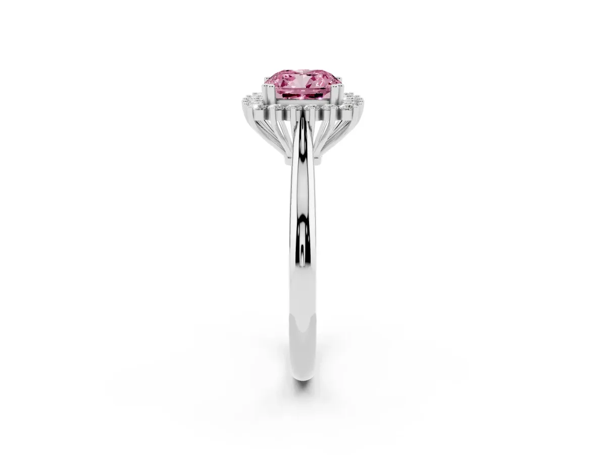 Fancy Pink Cushion Cut Cut Diamond Halo Ring with Solitaire Band and Prong Setting Silver