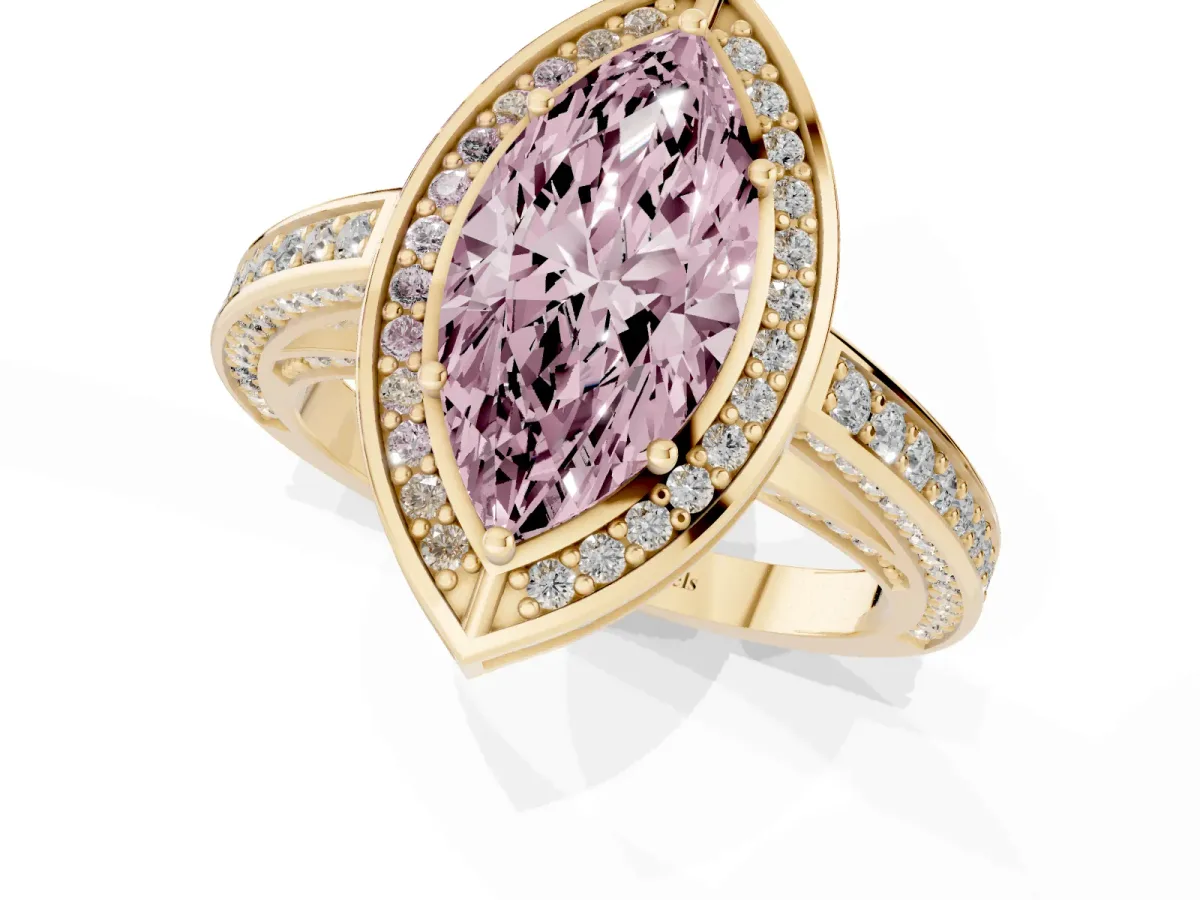 Fancy Pink Marquise Cut Cut Halo Pave Split Shank Prong Setting Ring Yellow gold
