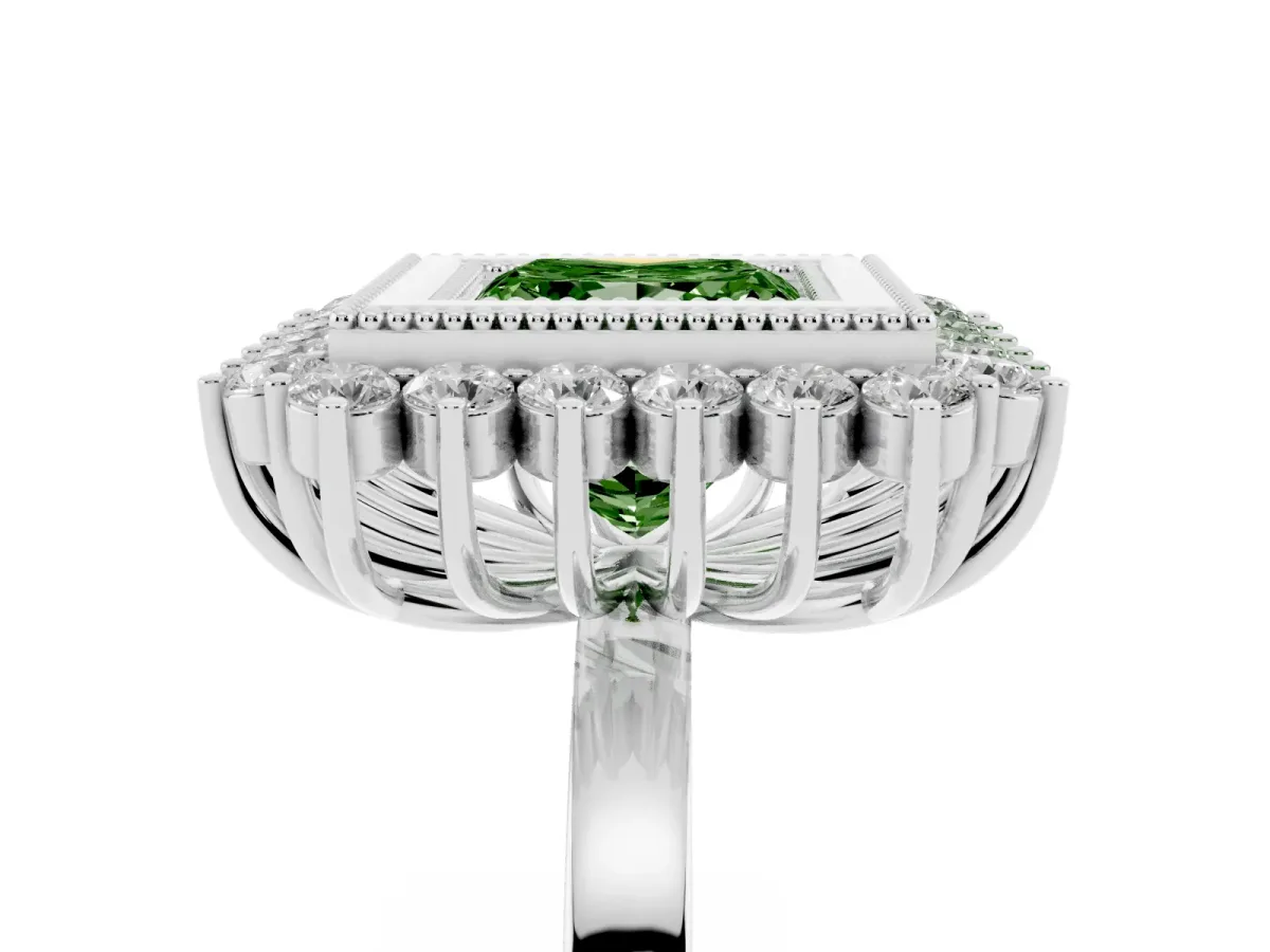Fancy Green Princess Cut Halo Diamond Ring with Milgrain Edge and Round Prong Setting Silver