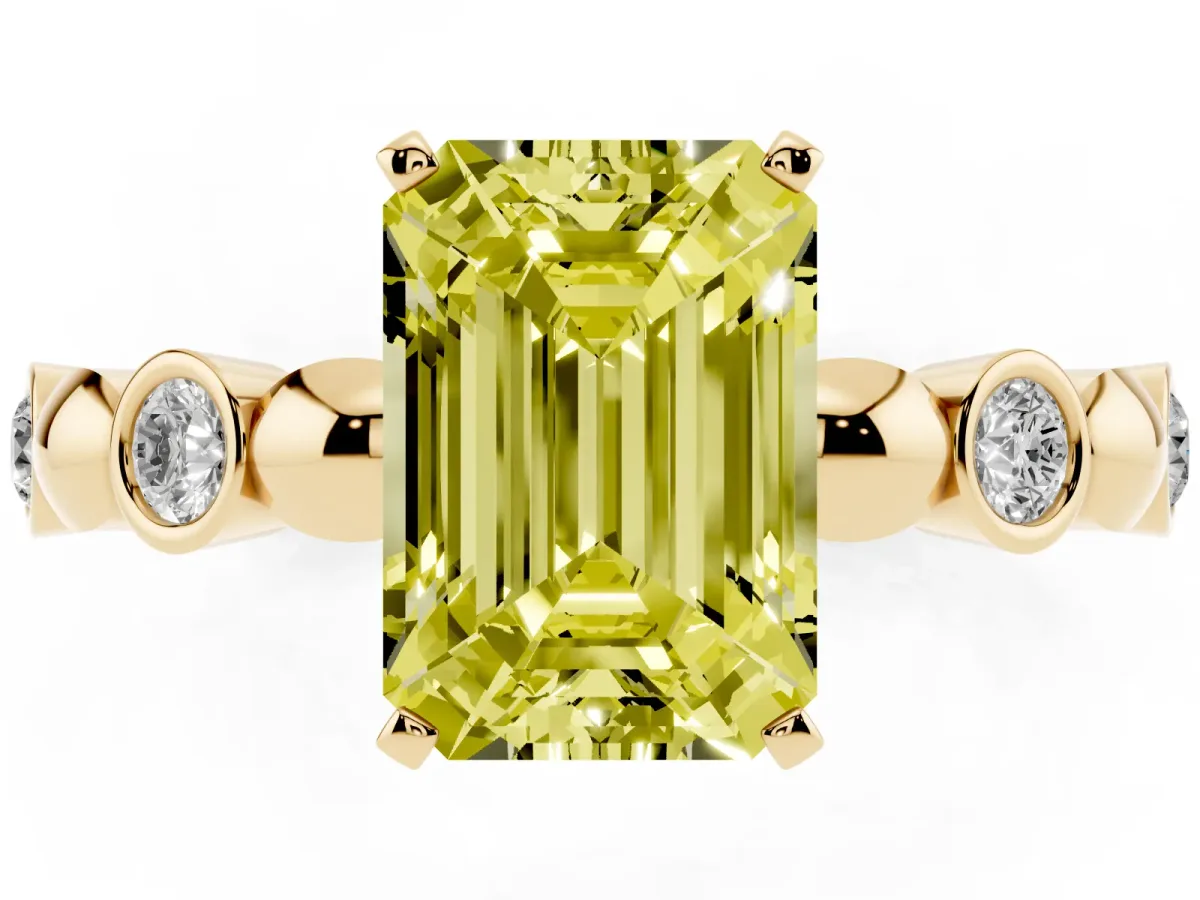 Fancy Yellow Emerald Cut Solitaire Bezel-Set Diamond Ring with Beaded Band and Four-Prong Setting Yellow gold