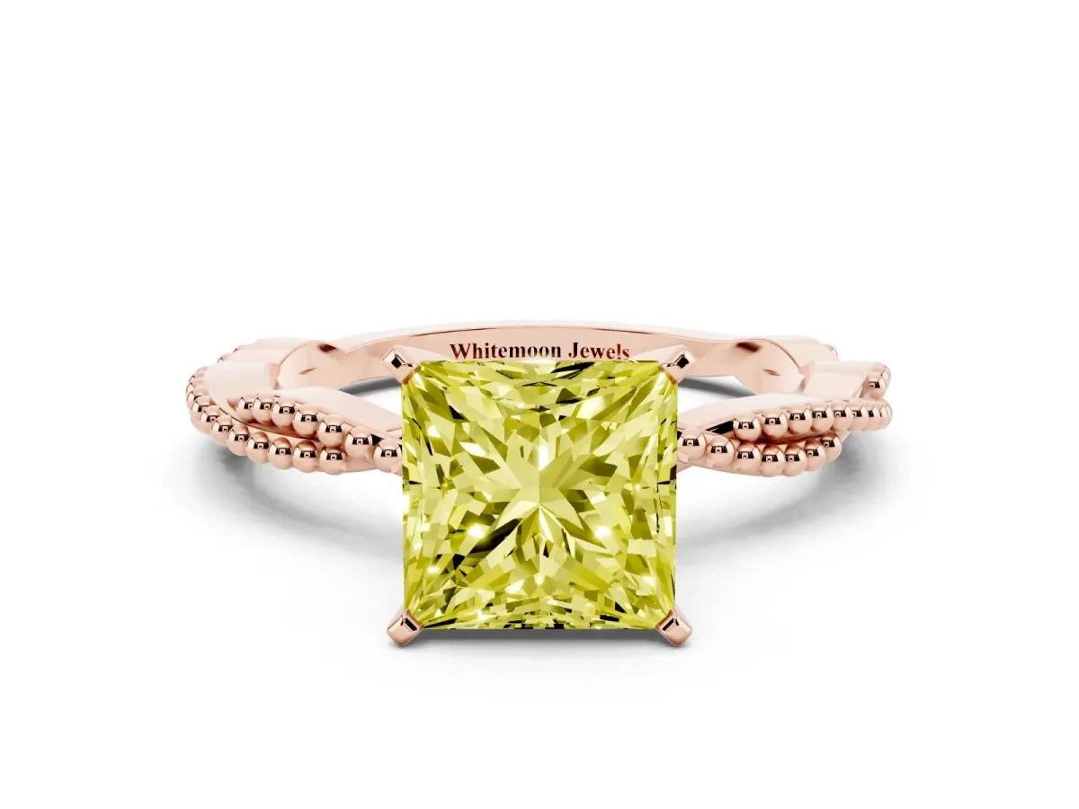 Fancy Yellow Princess Cut Solitaire Twisted Band with Bead Prong Setting Rose gold