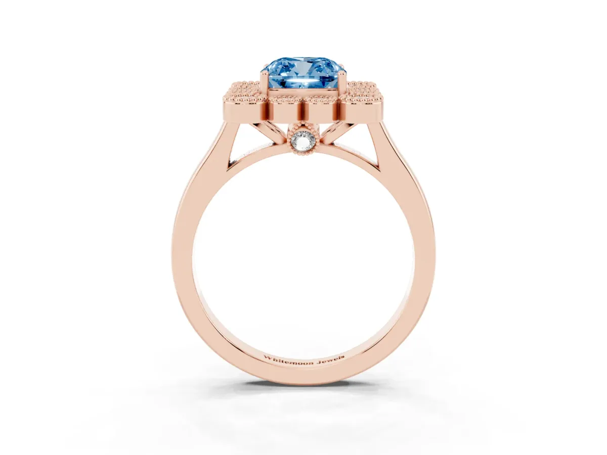 Fancy Blue Cushion Cut Halo Diamond Cluster Engagement Ring with Milgrain Bezel Setting and Solitaire Band Rose gold
