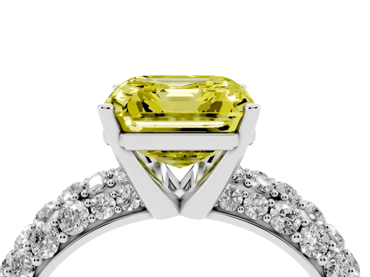 Fancy Yellow Asscher Cut Diamond Pavé Band Solitaire Ring with Four-Prong Setting Platinum