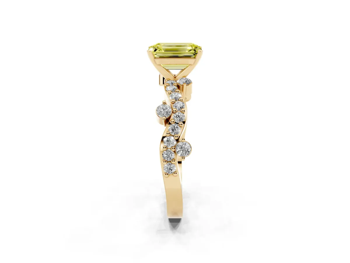 Fancy Yellow Emerald Cut Cut Solitaire Diamond Twisted Band with Pave Setting Yellow gold
