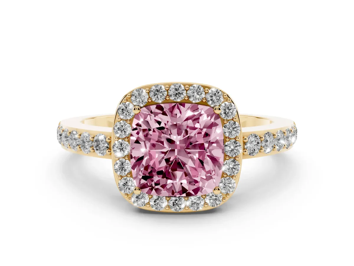 Fancy Pink Cushion Cut Halo Diamond Pavé Band Ring with Prong Setting Yellow gold