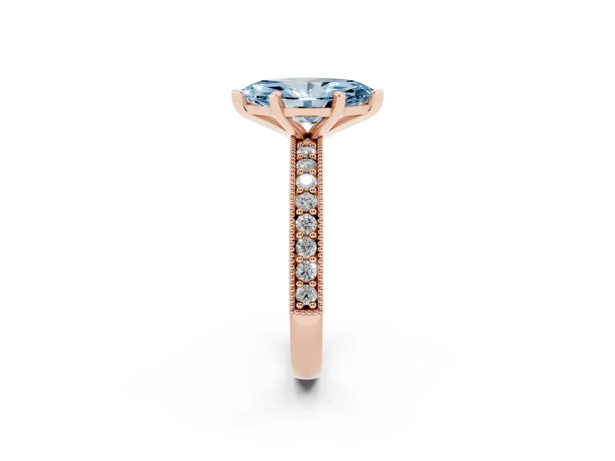 Fancy Blue Marquise Cut Diamond Milgrain Pavé Engagement Ring with Four-Prong Setting Rose gold