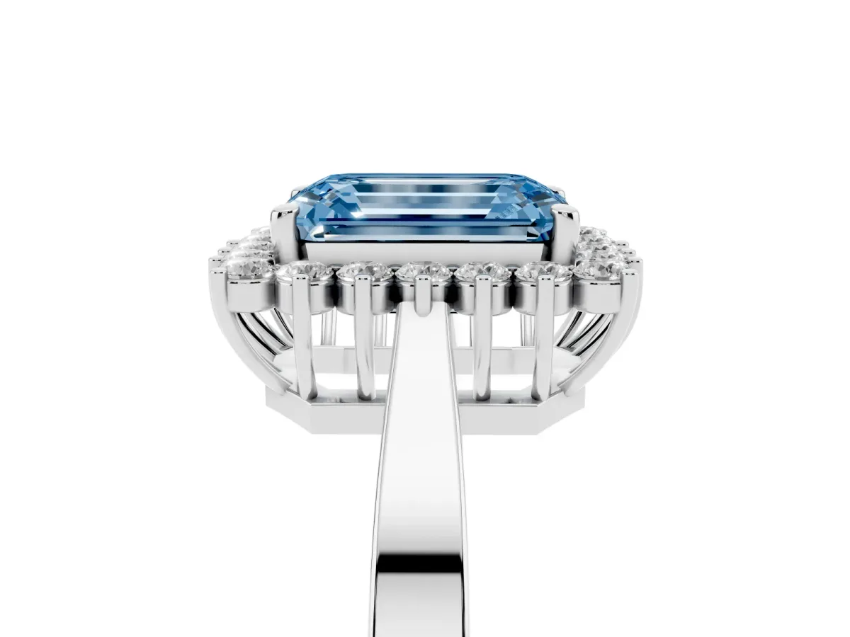 Fancy Blue Emerald Cut Cut Diamond Halo Ring with Round Brilliant Halo and Solitaire Band Silver