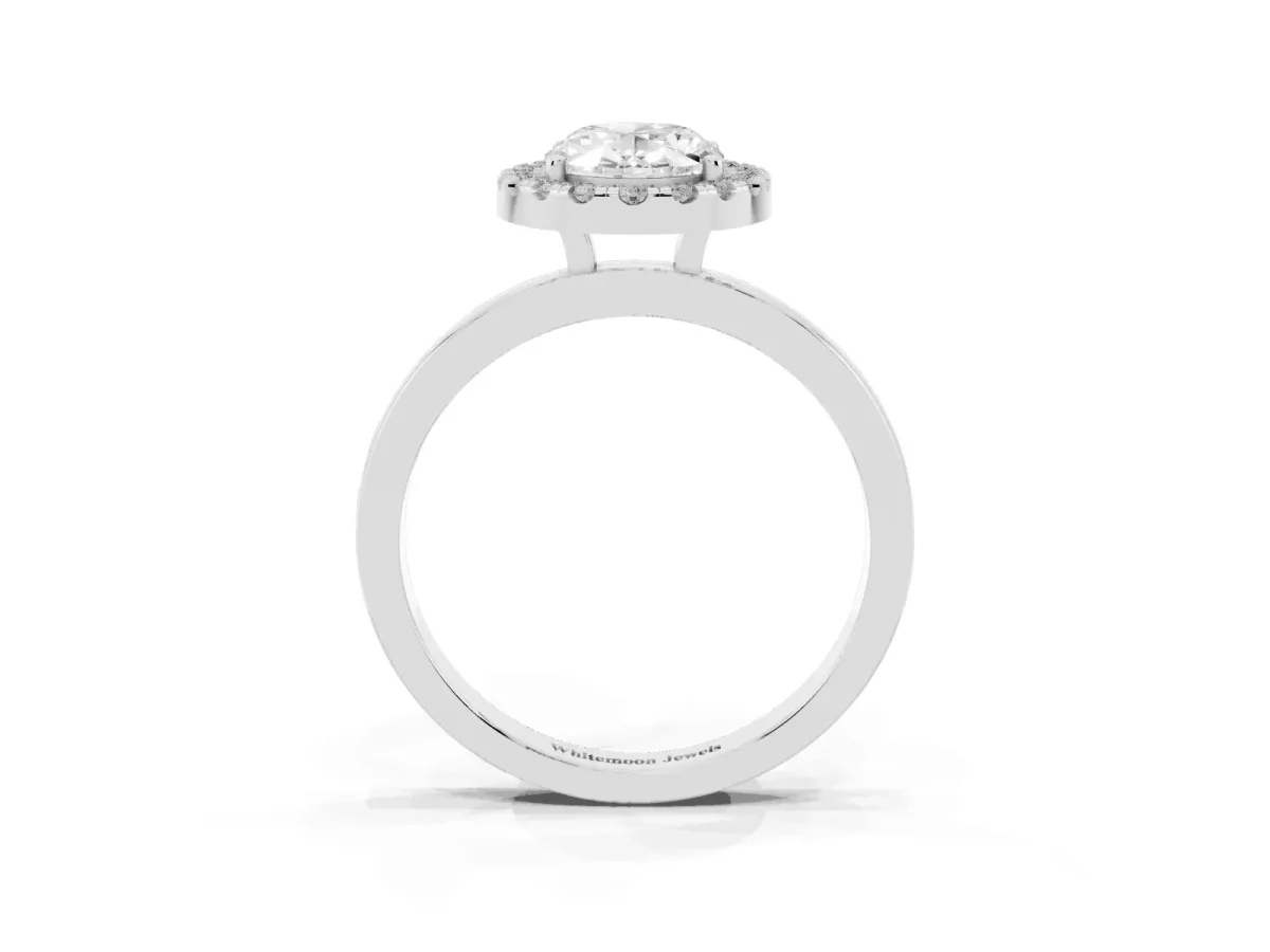 Oval Cut Halo Diamond Solitaire with Pavé Band and Four-Prong Setting White gold