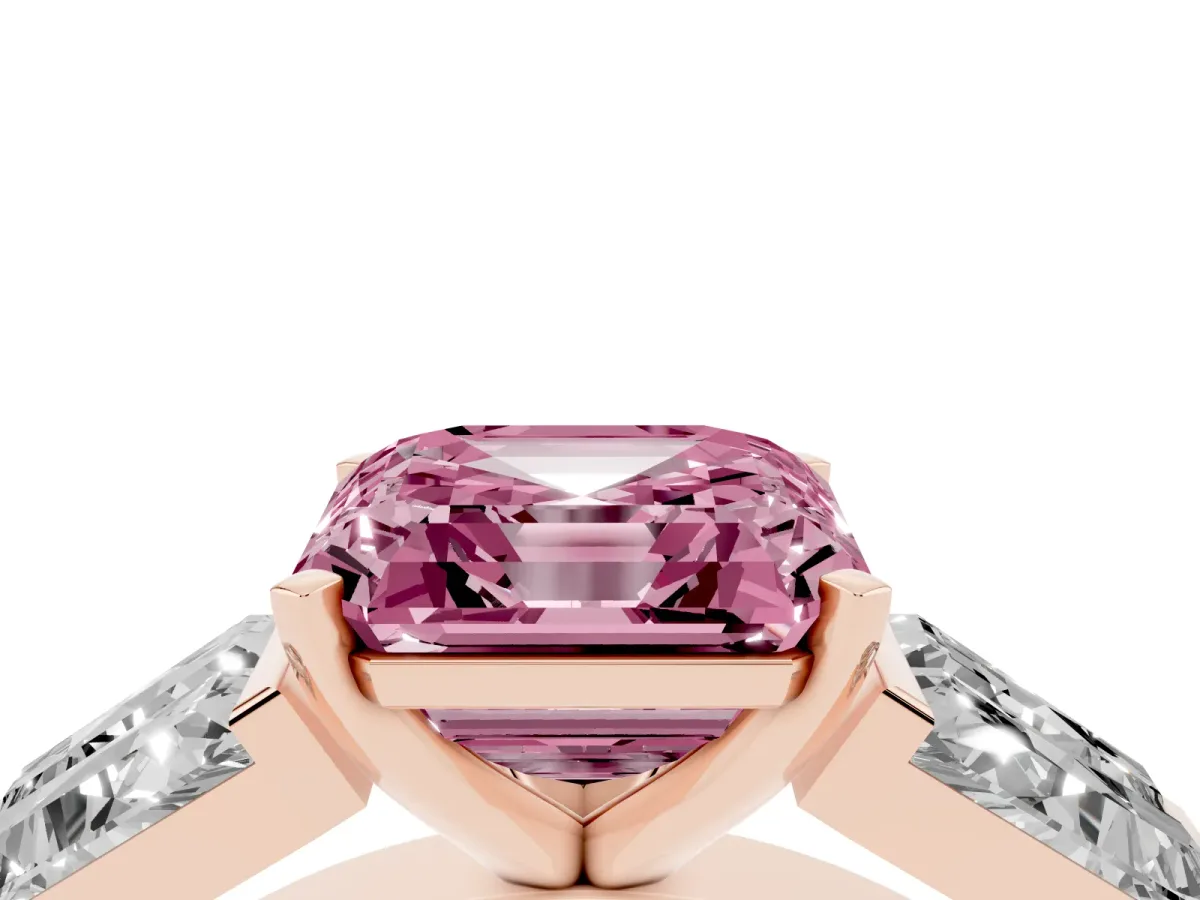 Fancy Pink Asscher Cut Diamond Engagement Ring with Baguette Side Stones and Channel Set Band Rose gold