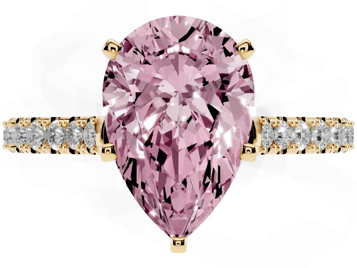 Fancy Pink Pear Cut Cut Solitaire Diamond Engagement Ring with Pave Band and Four-Prong Setting Yellow gold